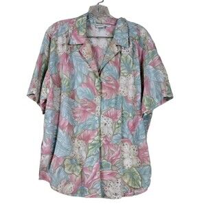 Vintage Koret Hawaiian Womens Large Shirt Floral Short Sleeve Button Up Collar